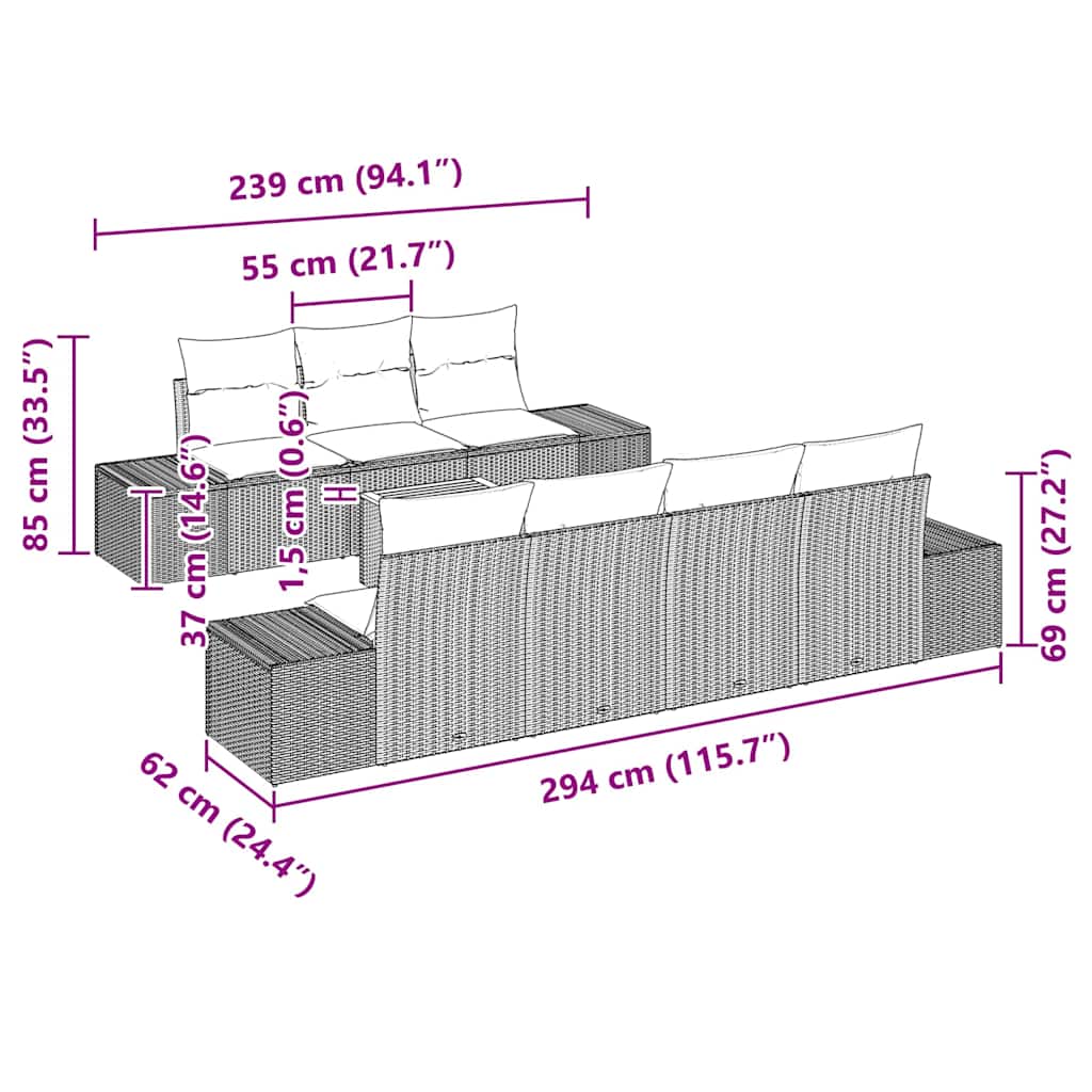 Sjedeća garnitura za vrt 8 kom. Siva poliratan 294 x 62 x 69 cm