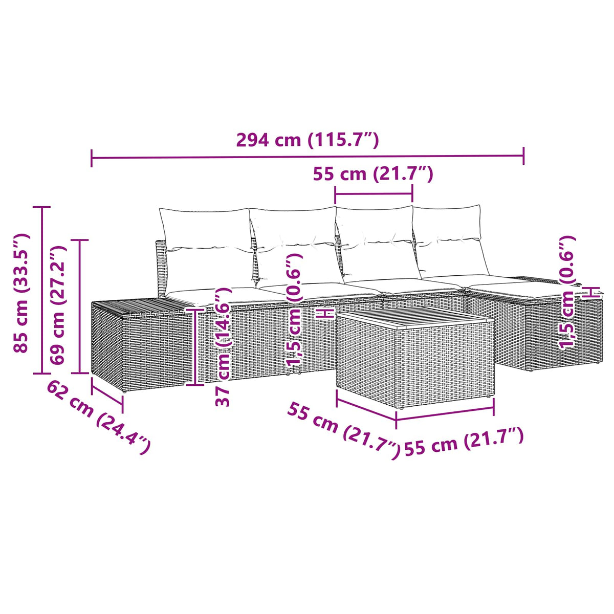 Sjedeća garnitura za vrt 6 kom. Crna i Tirkizna poliratan 294 x 62 x 69 cm