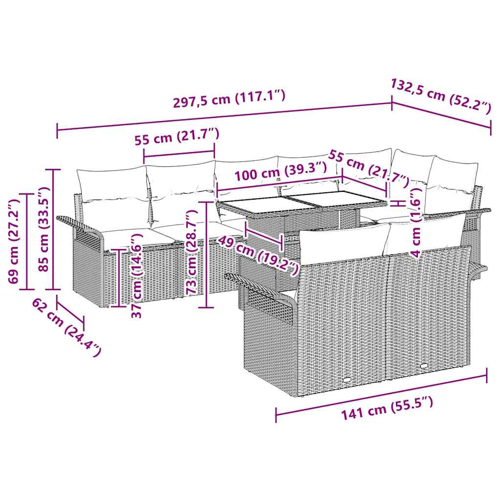Sjedeća garnitura za vrt 9 kom. Crna [Sintetički]: Poli Ratan 297,5 x 132,5 x 85 cm