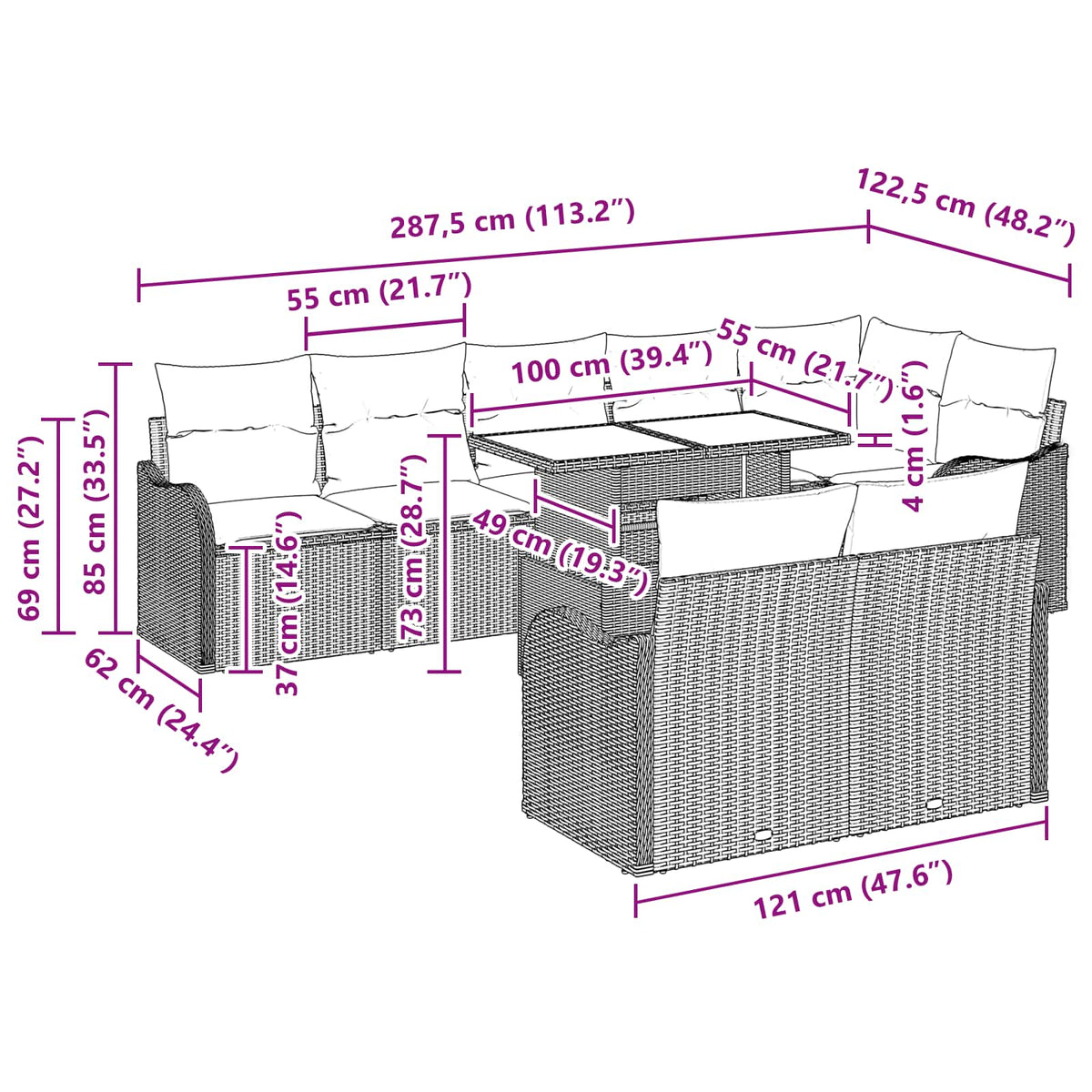 Sjedeća garnitura za vrt 9 kom. Svijetlo siva Poli Ratan Svjetlosiva 287,5 x 122,5 x 85 cm