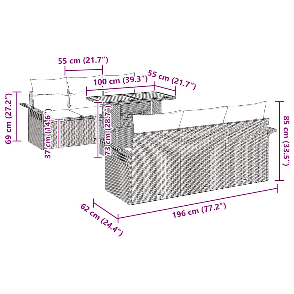 Sjedeća garnitura za vrt 7 kom. Bež Poli ratan 100 x 55 x 73 cm