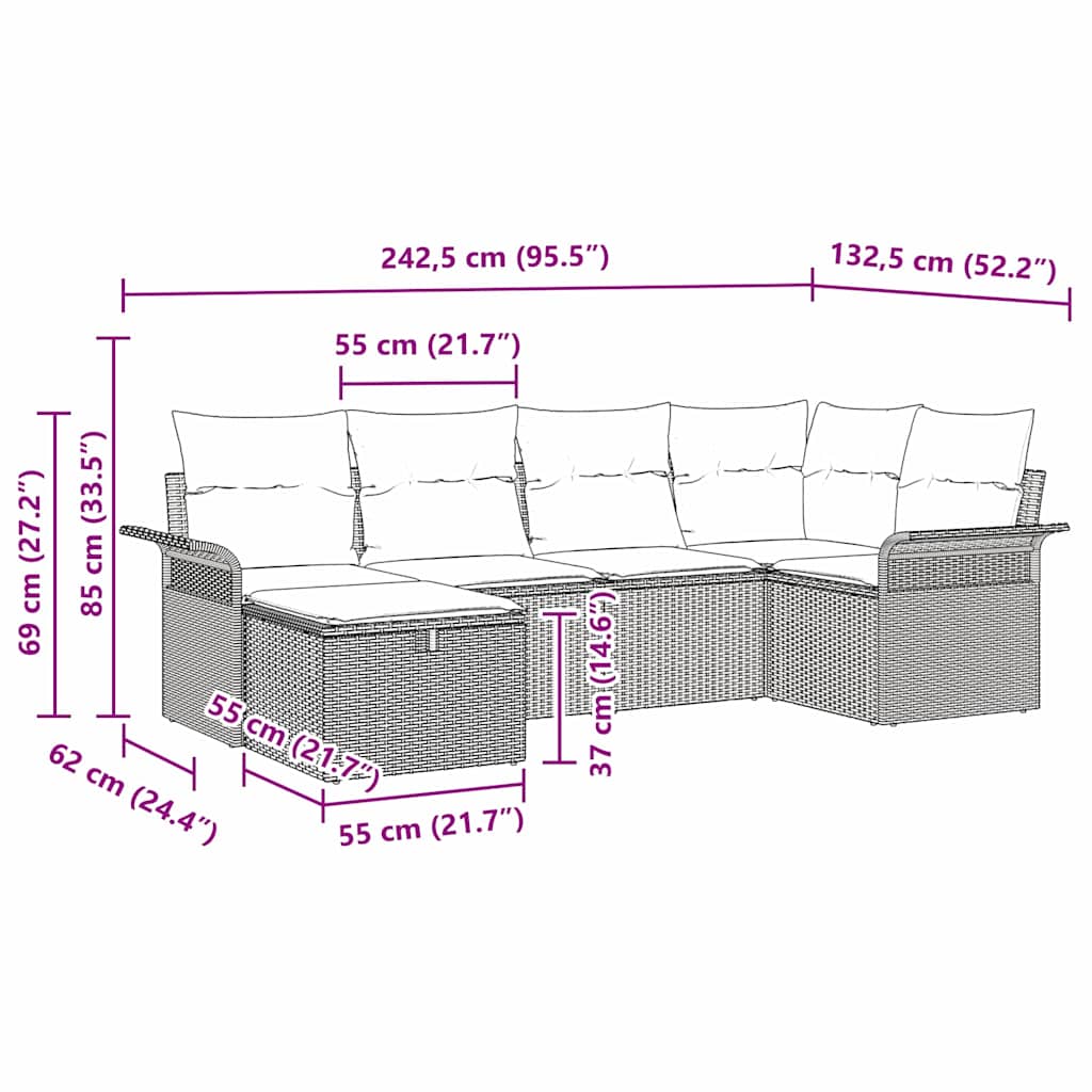 Sjedeća garnitura za vrt 6 kom. Crna i Krema poliratan 242.5 x 132.5 x 85 cm