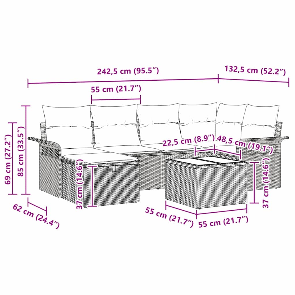 Sjedeća garnitura za vrt 7 kom. Bež i svijetlo siva poliratan 55 x 55 x 37 cm