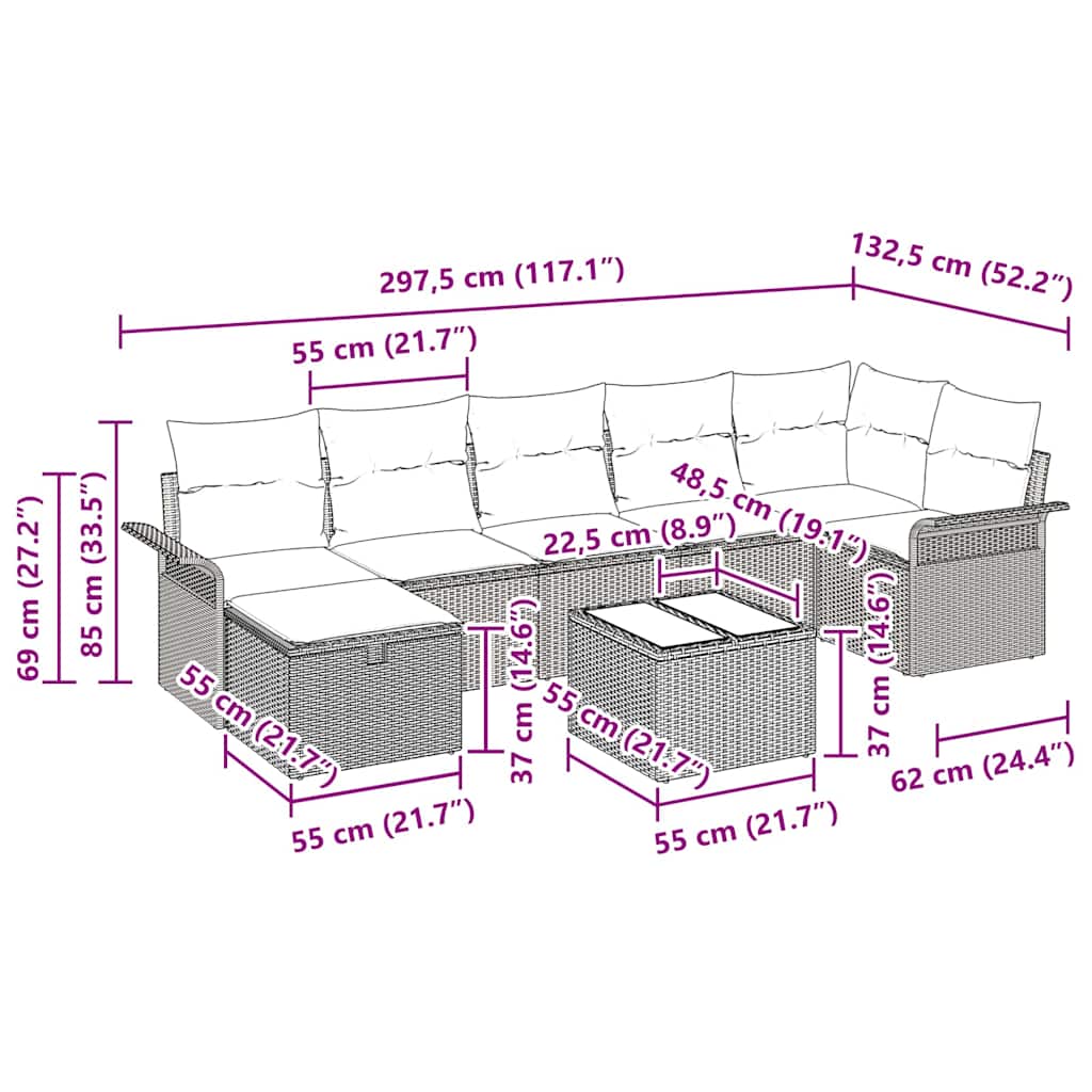 Sjedeća garnitura za vrt 8 kom. Siva poliratan 297.5 x 132.5 x 85 cm