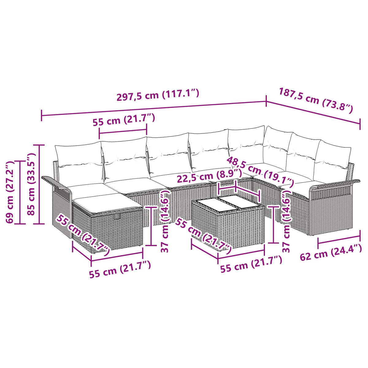 Sjedeća garnitura za vrt 9 kom. Smeđa i crvena poliratan 55 x 55 x 37 cm