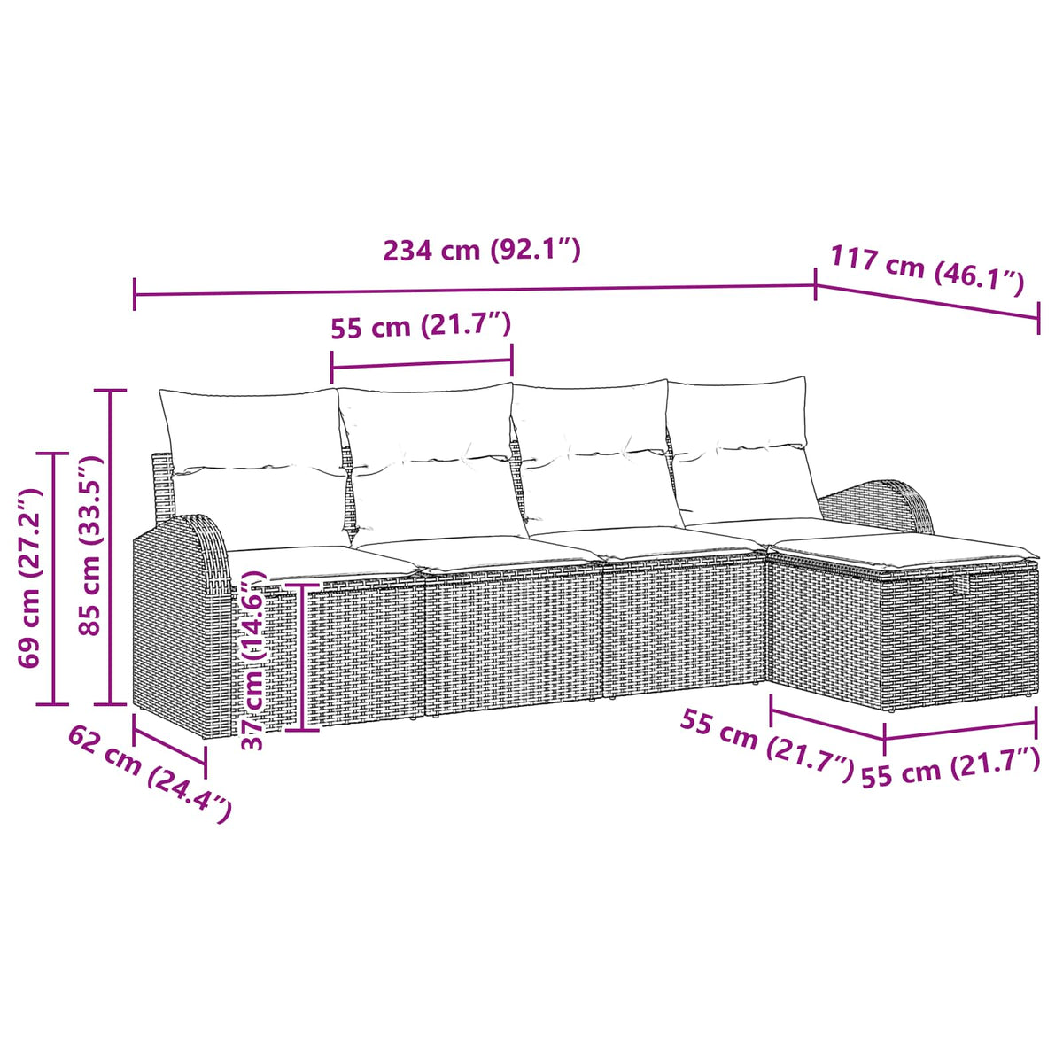 Set sofe 5 kom. Bež i svijetlo siva poliratan 234 x 117 x 85 cm