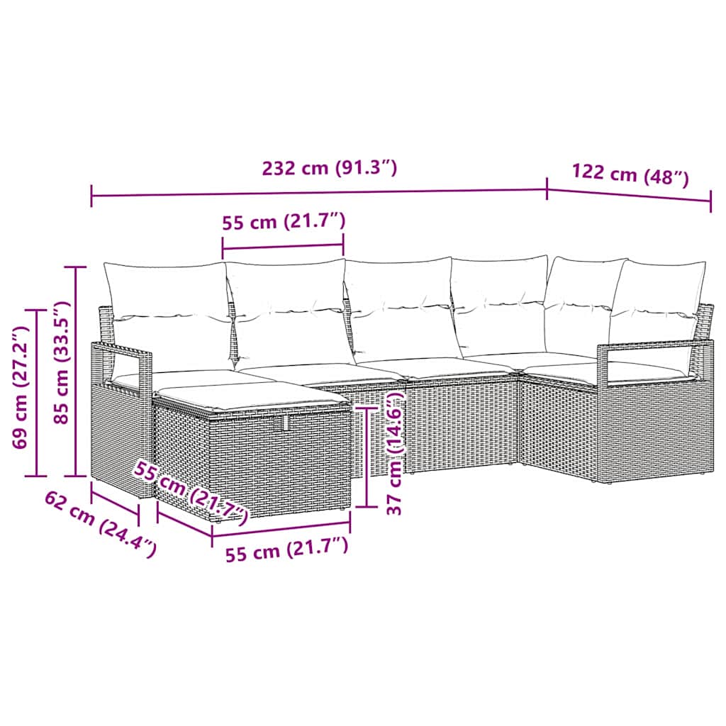 Set sofe 6 kom. 6-Broj sjedala Bež i krema poliratan 232 x 122 x 85 cm