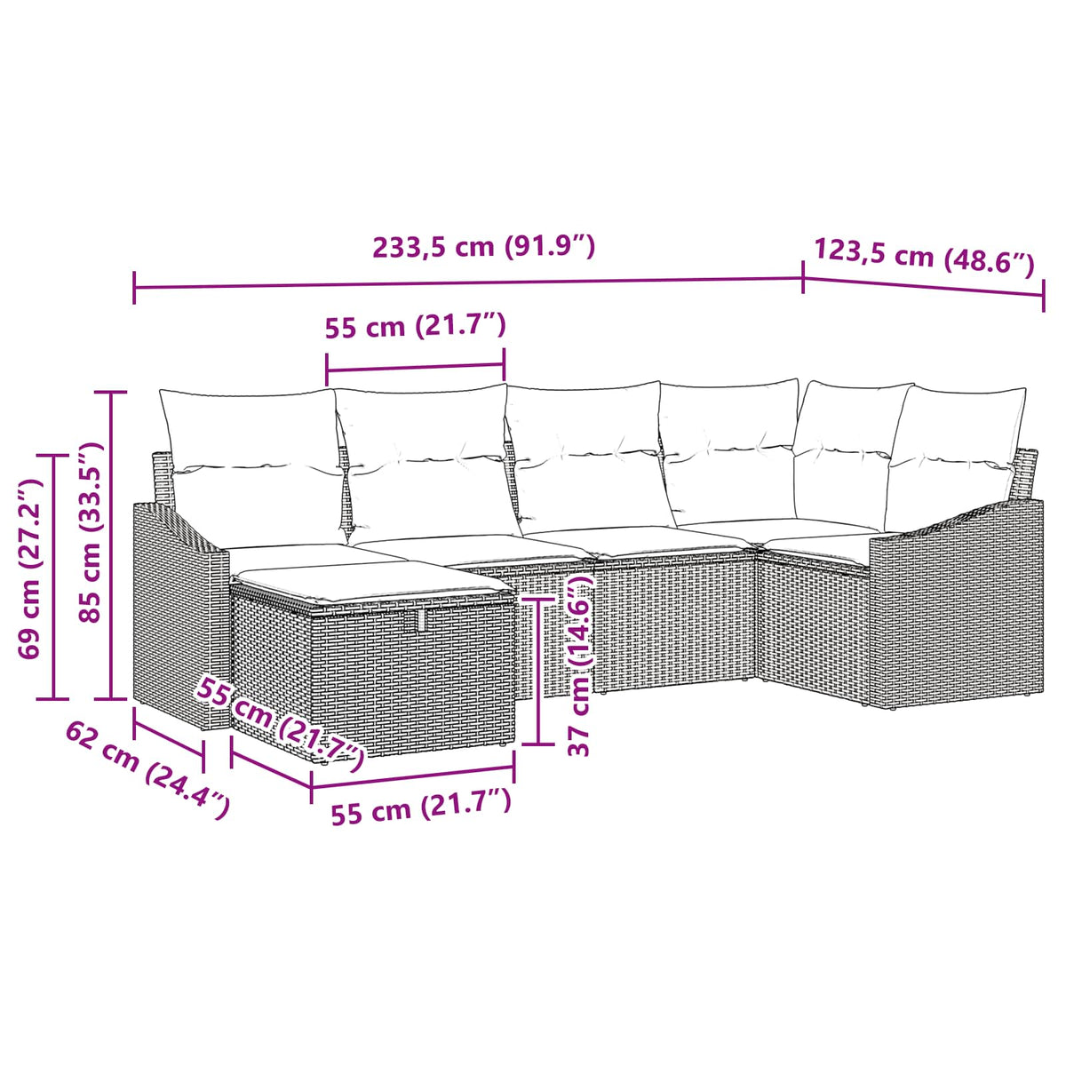 Set sofe 6 kom. Crna poliratan 233,5 x 123,5 x 85 cm