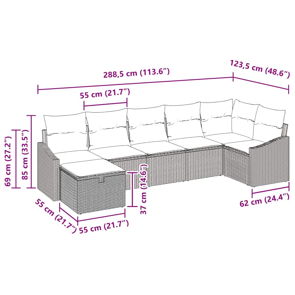 Set sofe 7 kom. Siva poliratan 288,5 x 123,5 x 85 cm