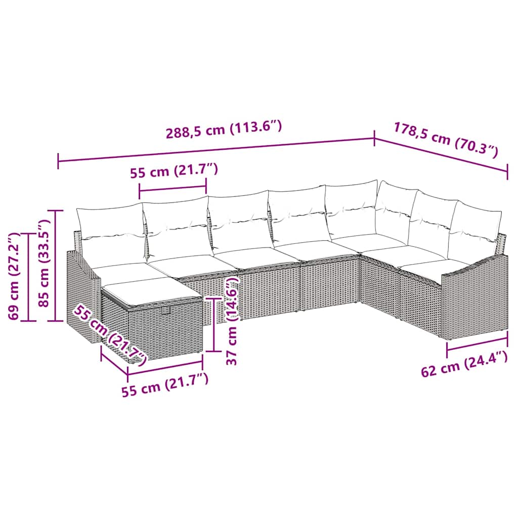 Sjedeća garnitura za vrt 8 kom. poliratan Siva 288,5 x 178,5 x 85 cm