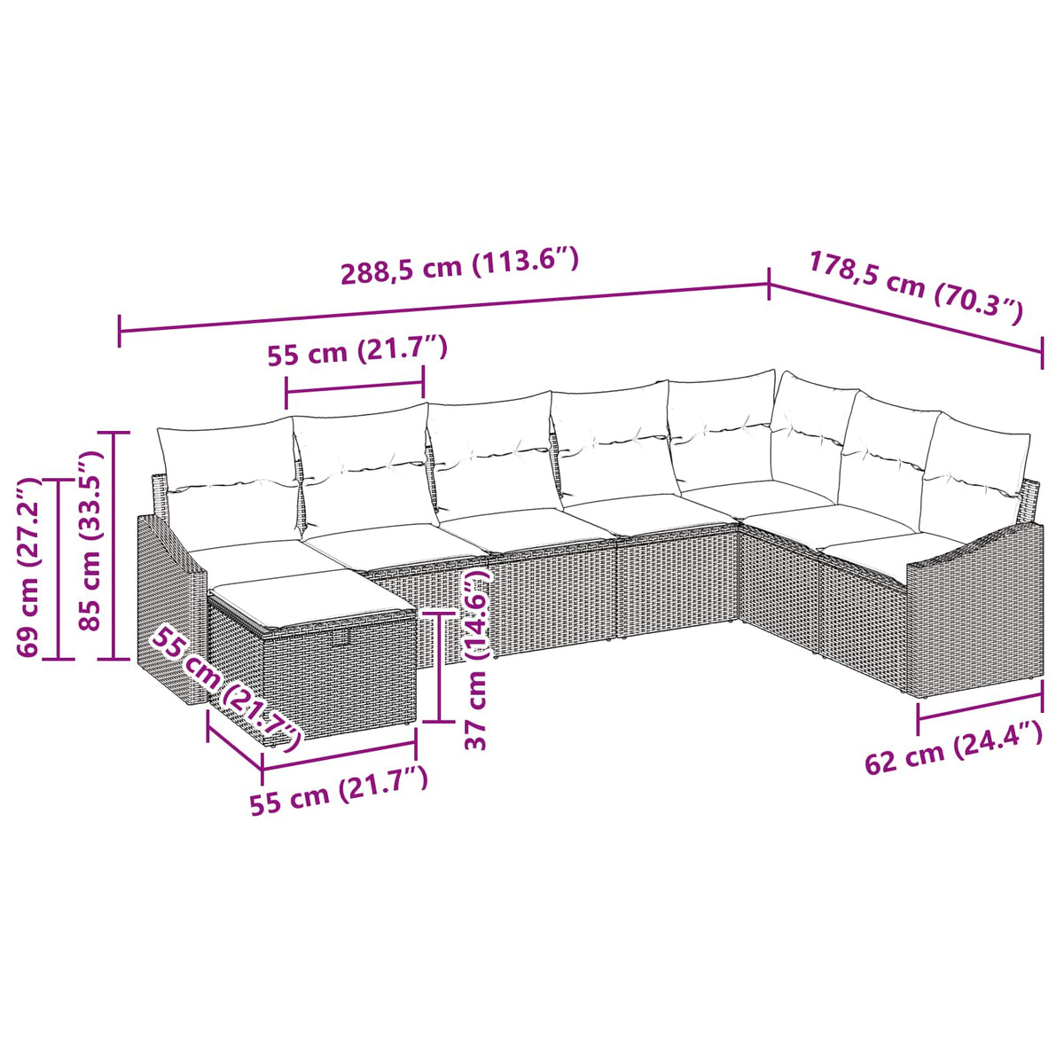 Sjedeća garnitura za vrt 8 kom. poliratan Siva 288,5 x 178,5 x 85 cm