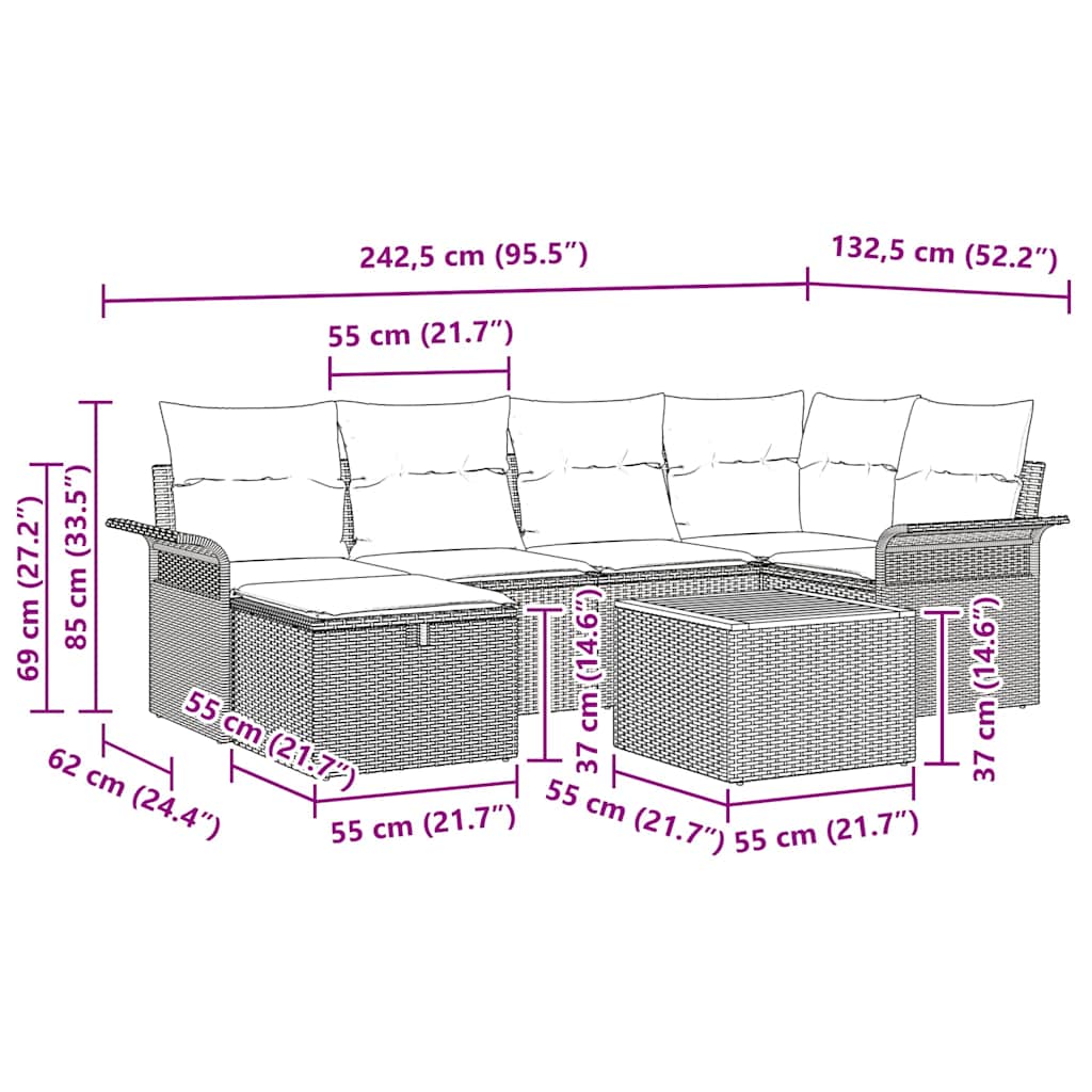 Sjedeća garnitura za vrt 7 kom. Crna poliratan 242,5 x 132,5 x 85 cm