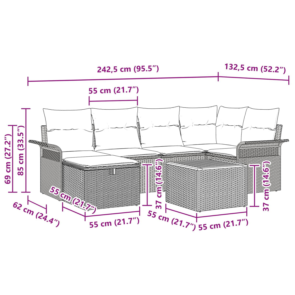 Sjedeća garnitura za vrt 7 kom. Siva poliratan 242,5 x 132,5 x 85 cm