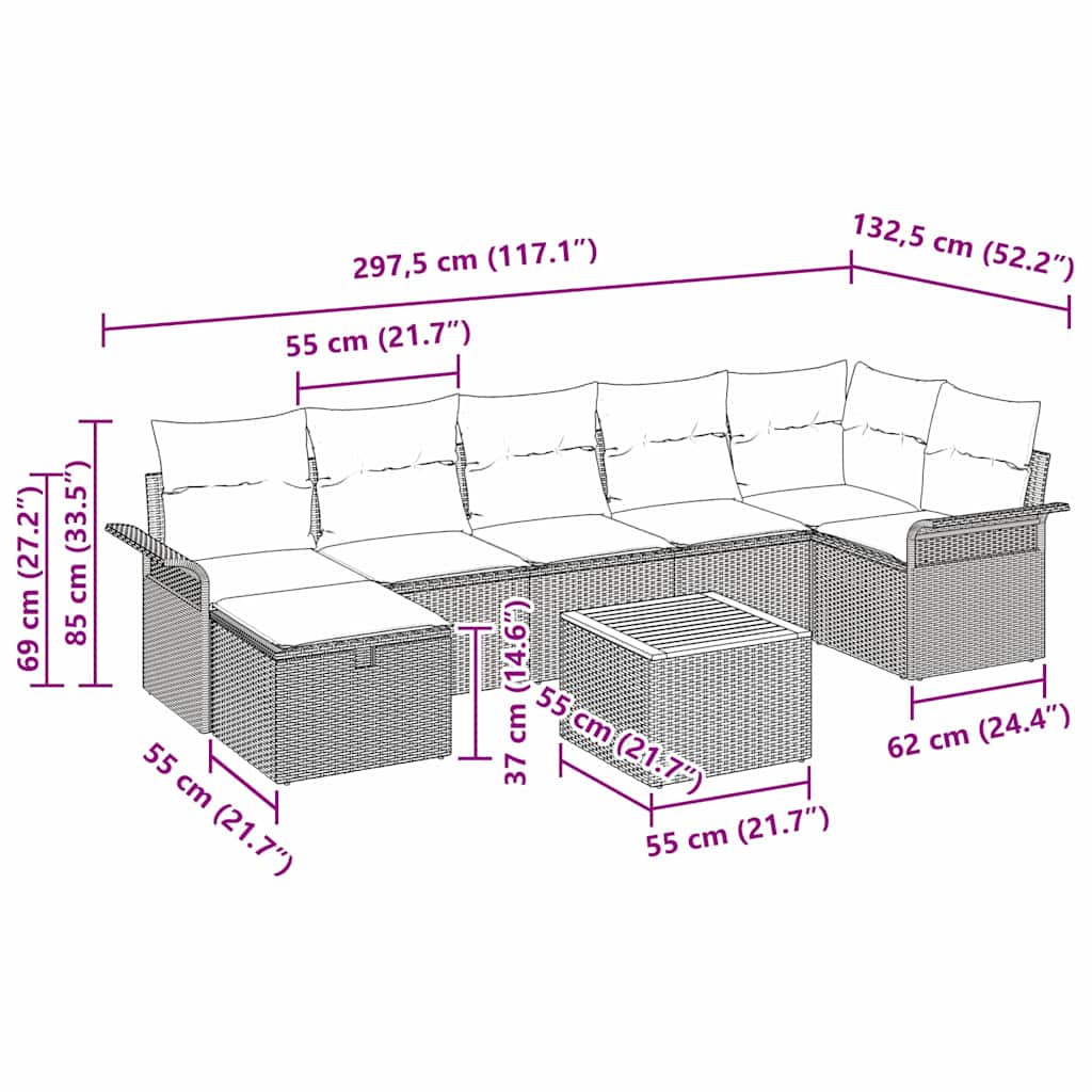 Sjedeća garnitura za vrt 8 kom. Bež poliratan 297,5 x 132,5 x 85 cm