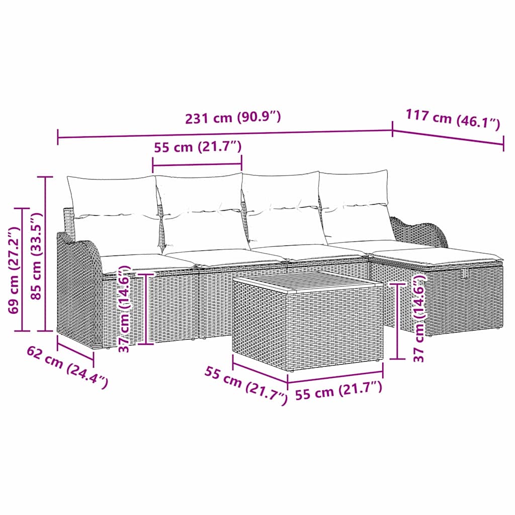 Sjedeća garnitura za vrt 6 kom. Crna poliratan 231 x 117 x 85 cm