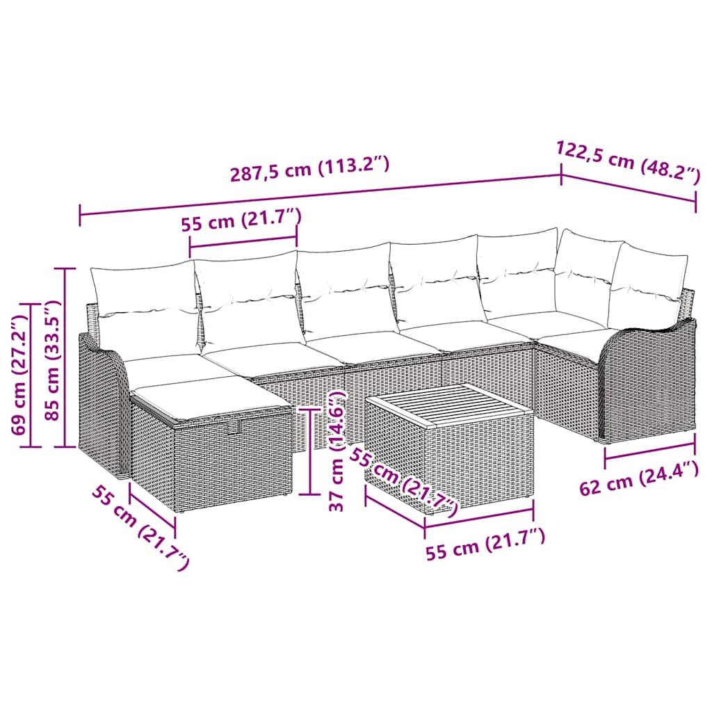 Sjedeća garnitura za vrt 8 kom. Crna poliratan 287,5 x 122,5 x 85 cm