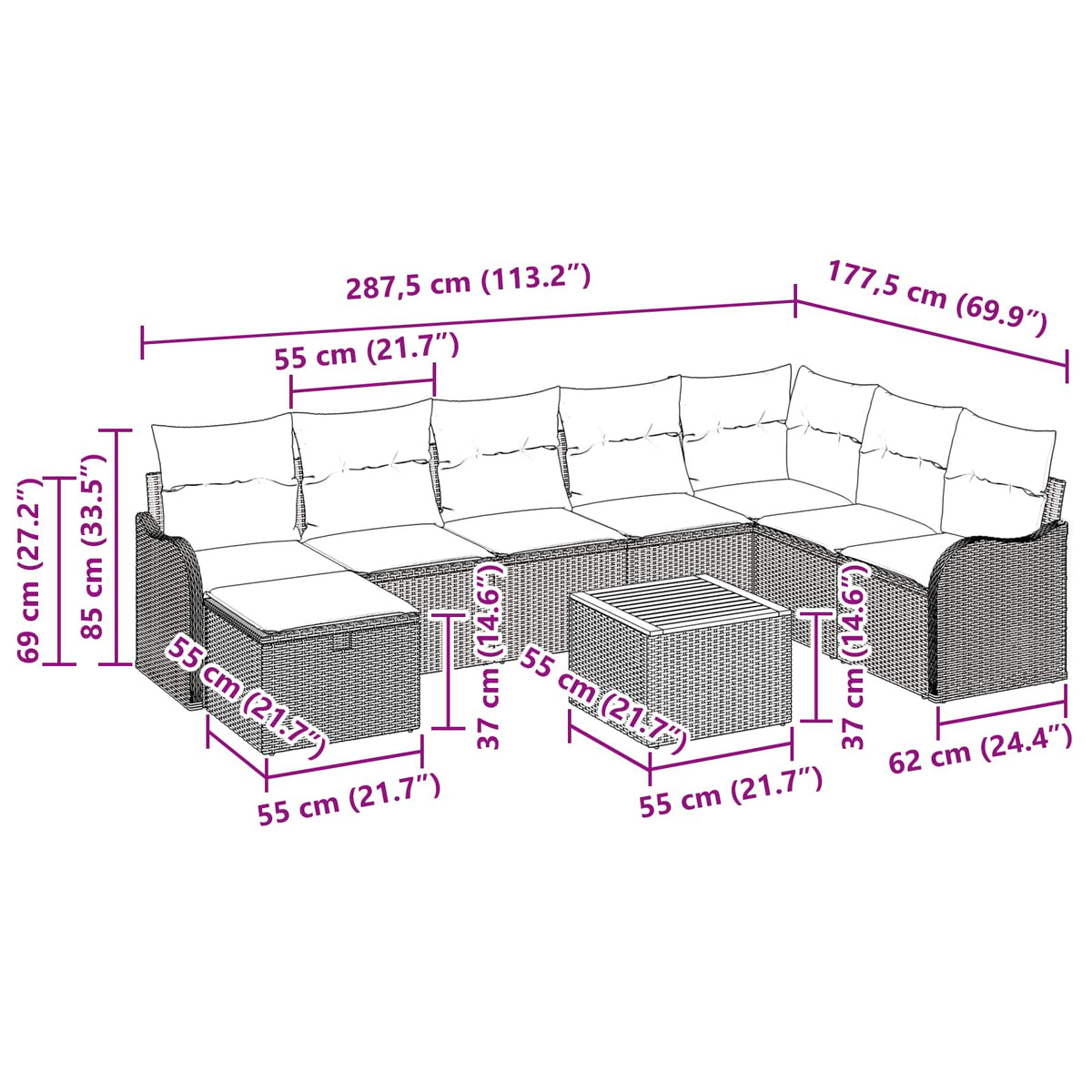 Sjedeća garnitura za vrt 9 kom. Siva poliratan 287,5 x 177,5 x 85 cm