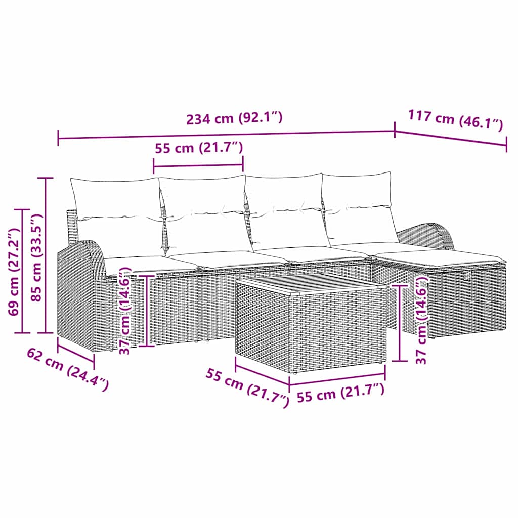 Sjedeća garnitura za vrt 6 kom. Crna poliratan 234 x 117 x 85 cm