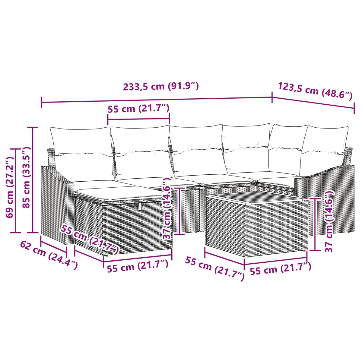 Sjedeća garnitura za vrt 7 kom. Crna poliratan 233,5 x 123,5 x 85 cm