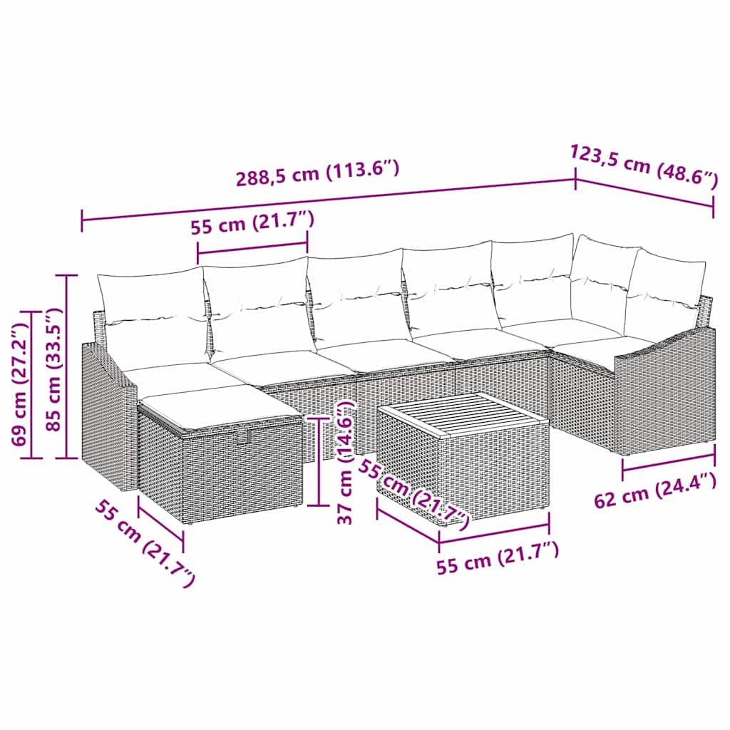 Sjedeća garnitura za vrt 8 kom. Crna poliratan 288.5 x 123.5 x 85 cm