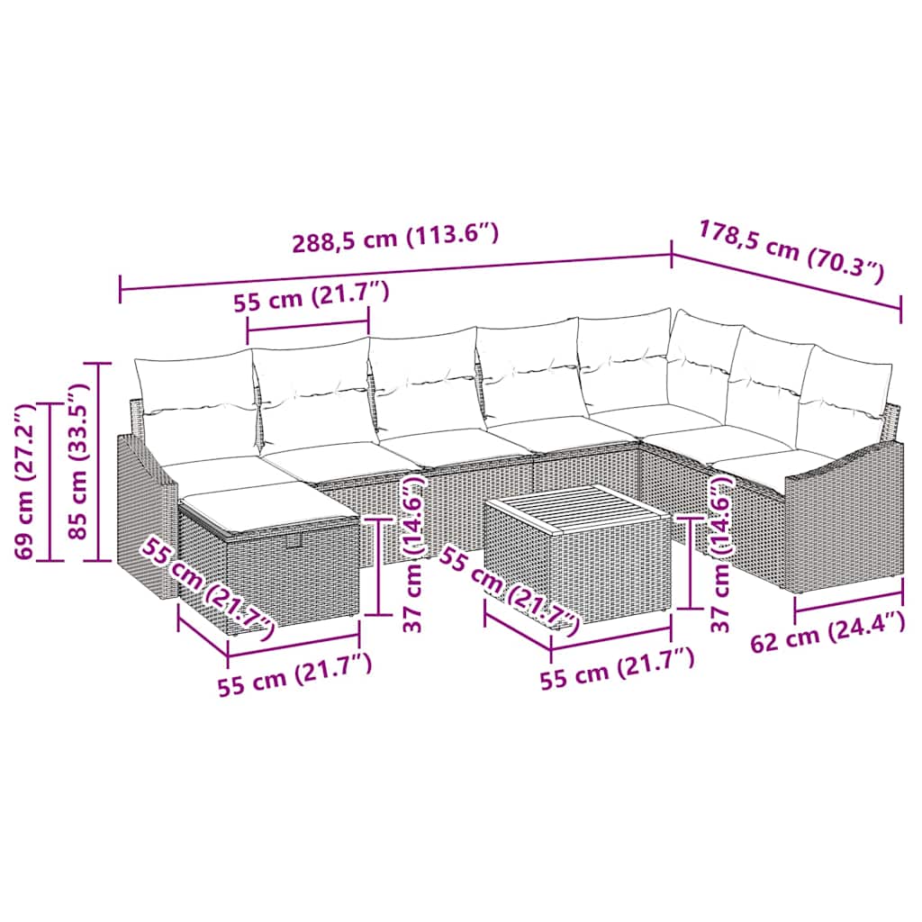 Sjedeća garnitura za vrt 9 kom. Bež poliratan 288,5 x 178,5 x 85 cm