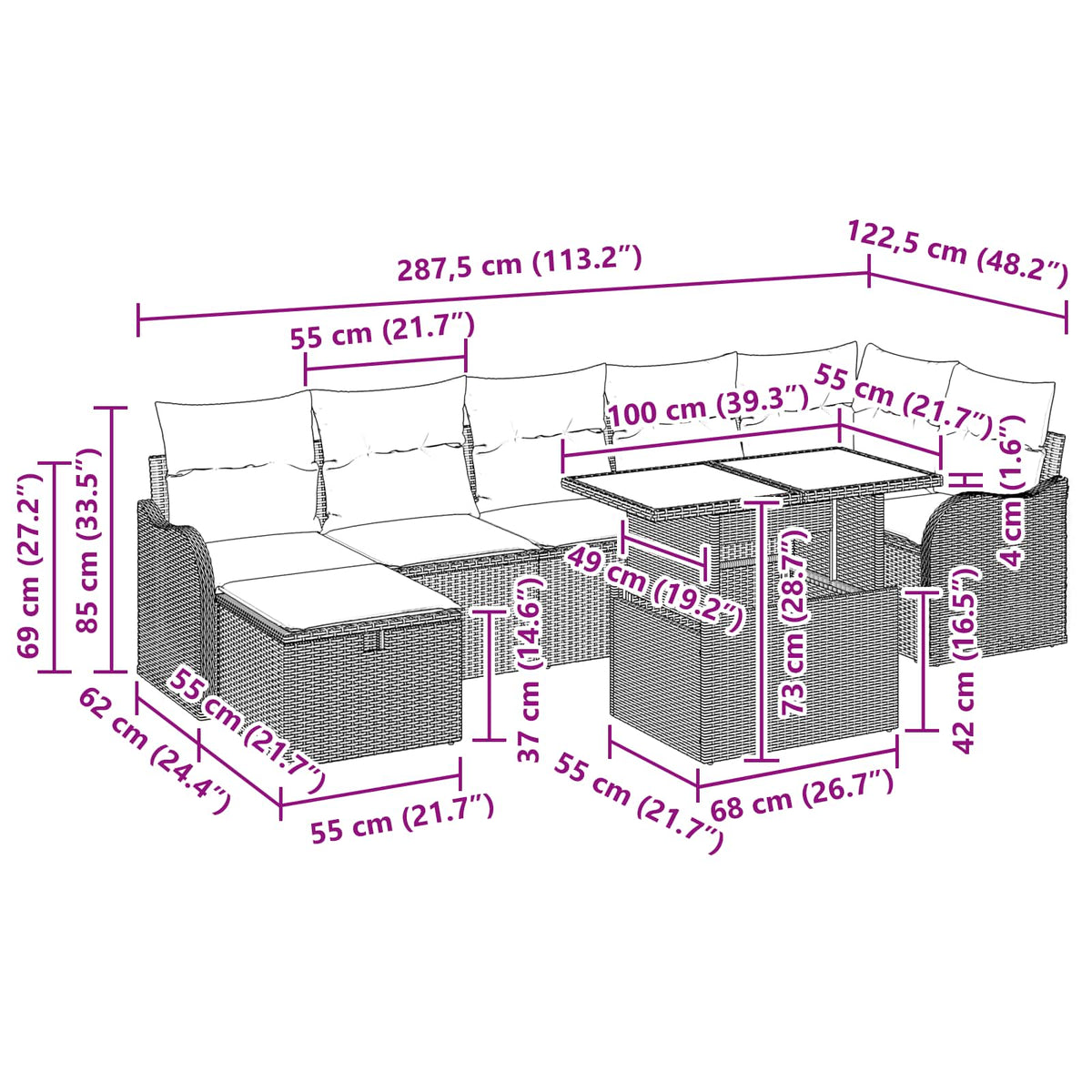 Sjedeća garnitura za vrt 8 kom. Siva poliratan Smeđa 287,5 x 122,5 x 85 cm