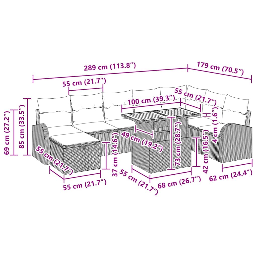 Sjedeća garnitura za vrt 9 kom. Crna poliratan 289 x 179 x 85 cm