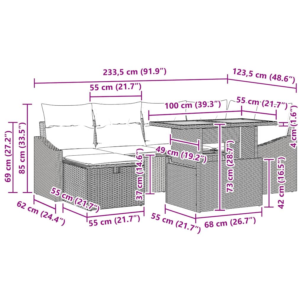 Sjedeća garnitura za vrt 7 kom. Crna poliratan 233.5 x 123.5 x 85 cm