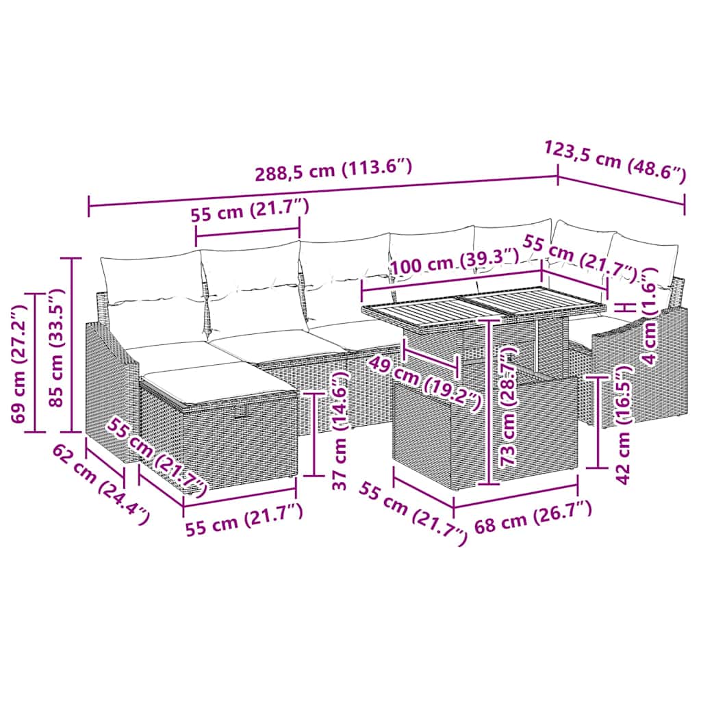 Sjedeća garnitura za vrt 8 kom. Crna poliratan 288.5 x 123.5 x 85 cm