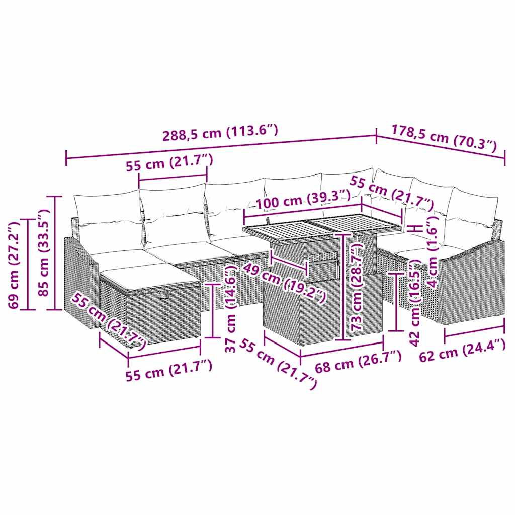 Sjedeća garnitura za vrt 9 kom. Crna poliratan 288,5 x 178,5 x 85 cm