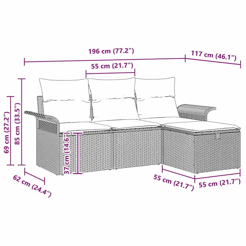 Sjedeća garnitura za vrt 4 kom. Poli ratan Siva 196 x 117 x 85 cm