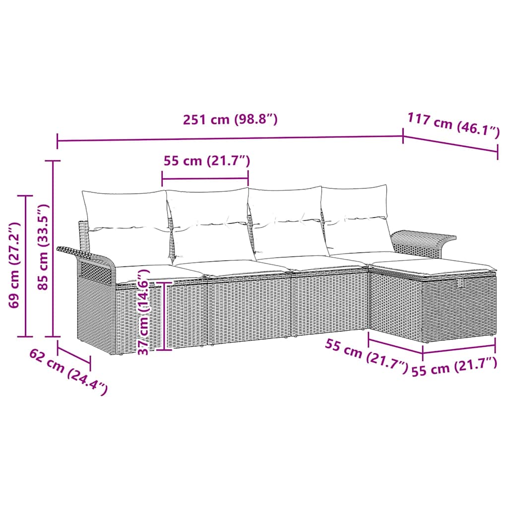 Sjedeća garnitura za vrt 5 kom. Poli ratan Crna 251 x 117 x 85 cm