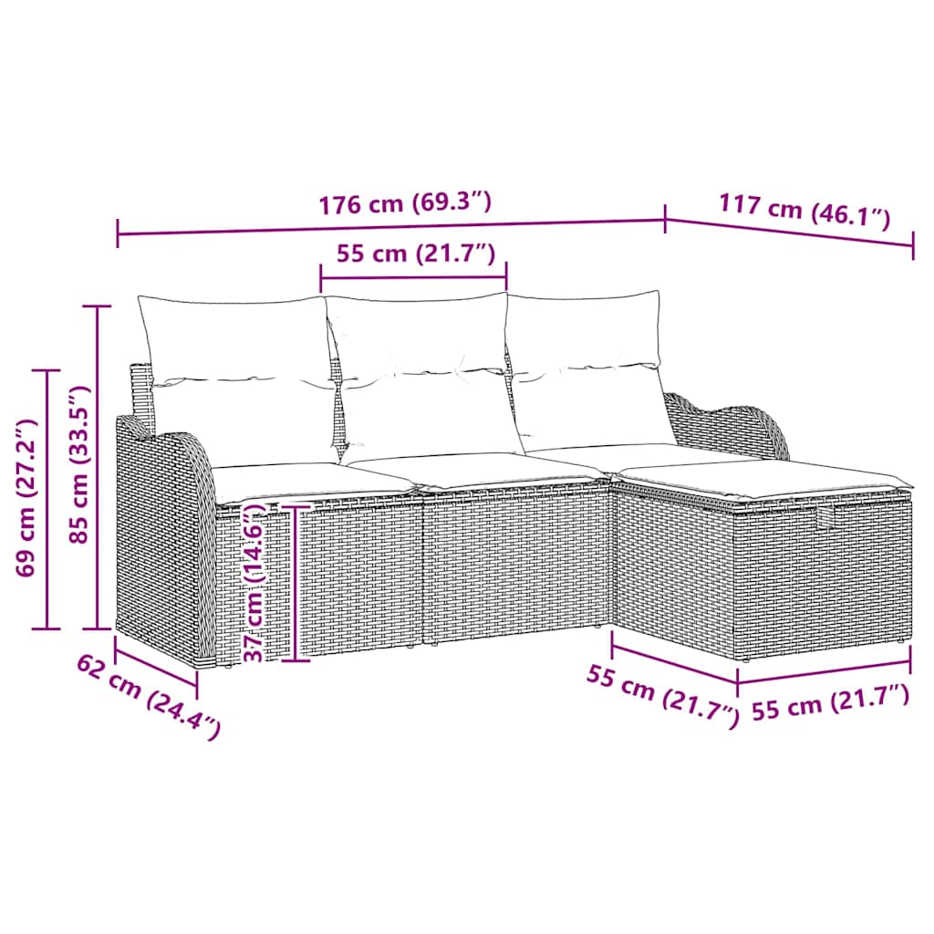 Sjedeća garnitura za vrt 4 kom. Poli ratan Siva 176 x 117 x 85 cm