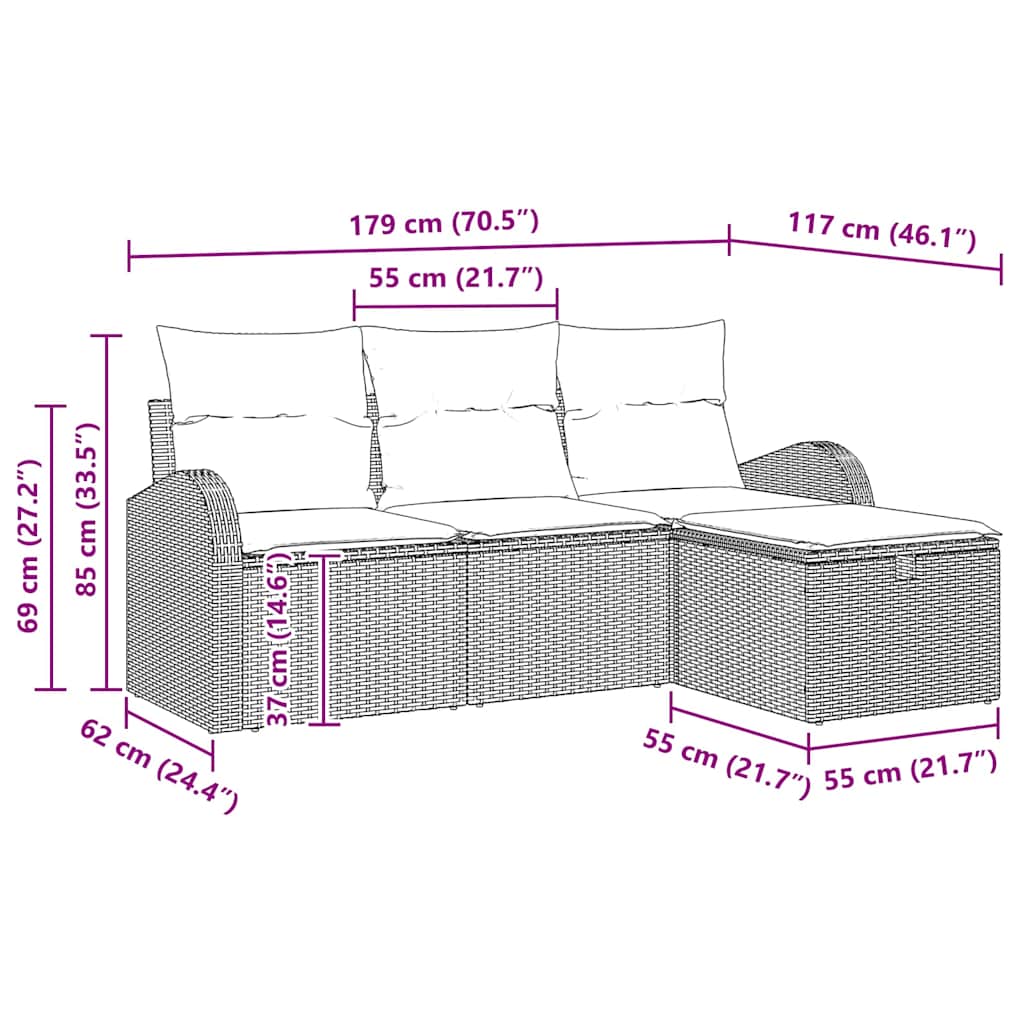 Sjedeća garnitura za vrt 4 kom. Siva poliratan Crna 179 x 117 x 85 cm