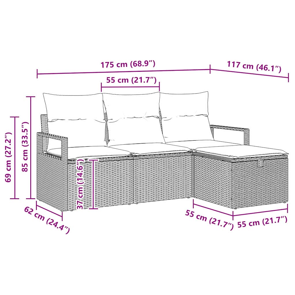 Sjedeća garnitura za vrt 4 kom. Crna poliratan 175 x 117 x 85 cm