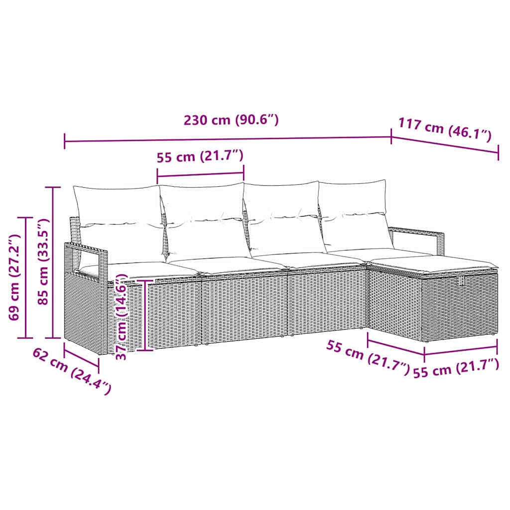 Sjedeća garnitura za vrt 5 kom. Crna poliratan 230 x 117 x 85 cm