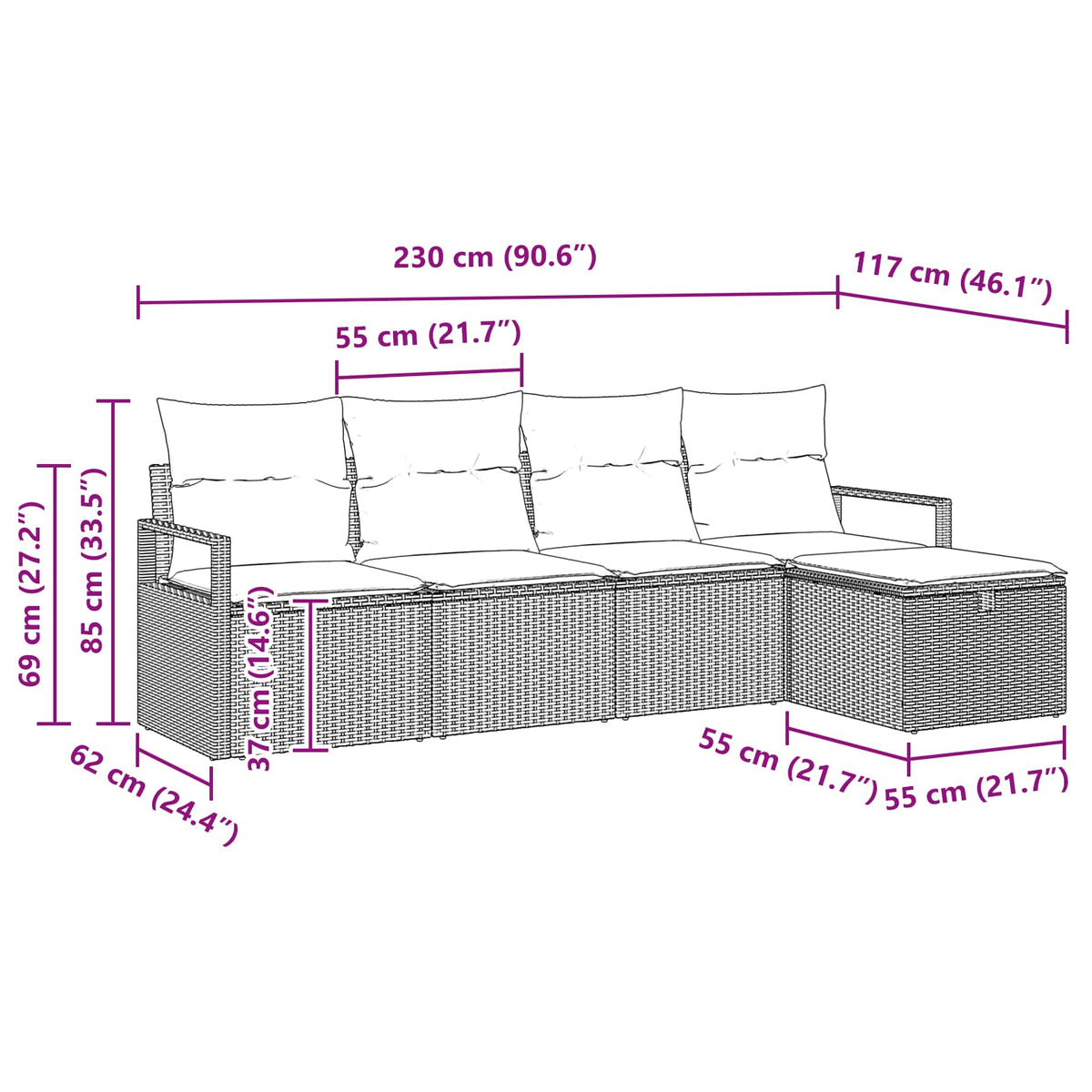 Sjedeća garnitura za vrt 5 kom. Smeđa poliratan 230 x 117 x 85 cm