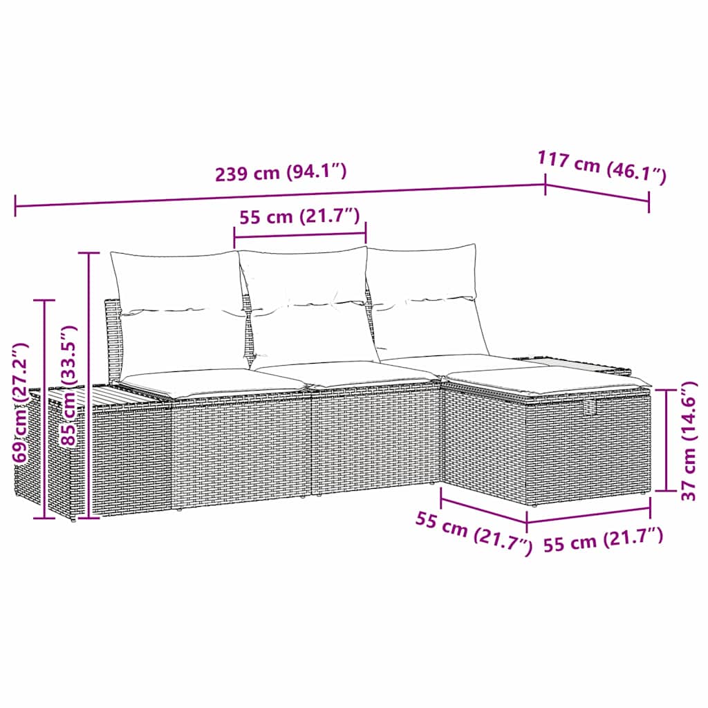 Sjedeća garnitura za vrt 4 kom. Bež poliratan 55 x 62 x 69 cm