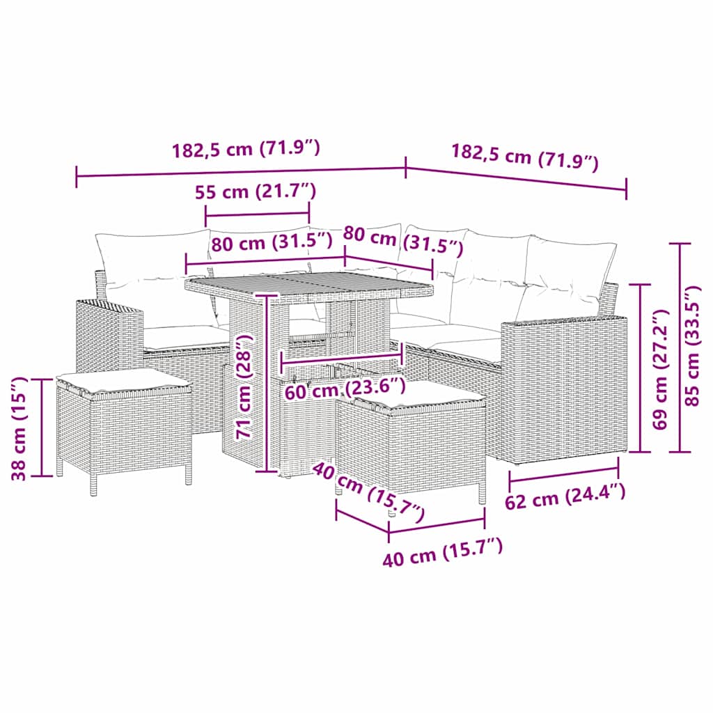 Sjedeća garnitura za vrt 8 kom. Crna poliratan 80 x 80 x 71 cm