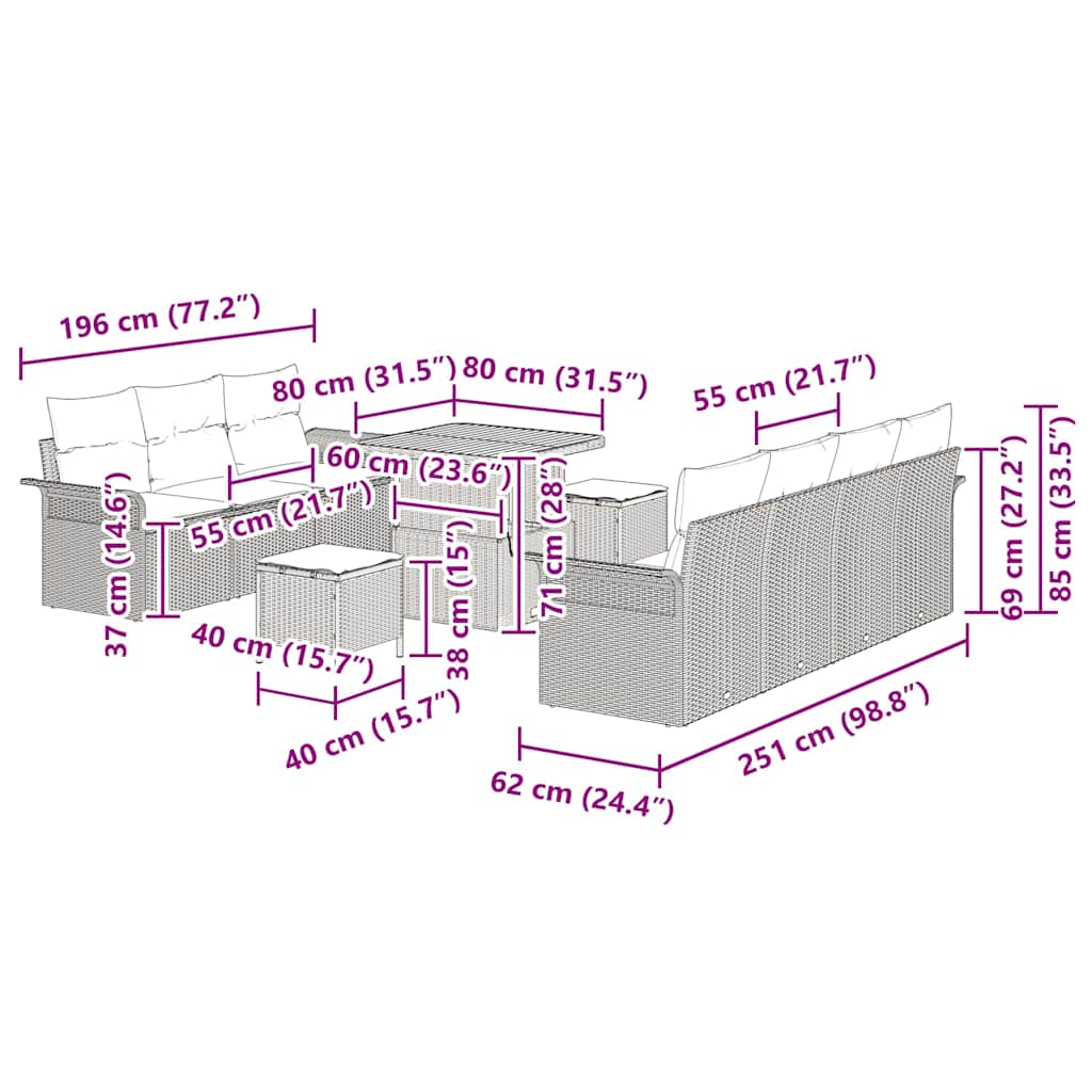 Sjedeća garnitura za vrt 10 kom. Crna poliratan 251 x 62 x 85 cm