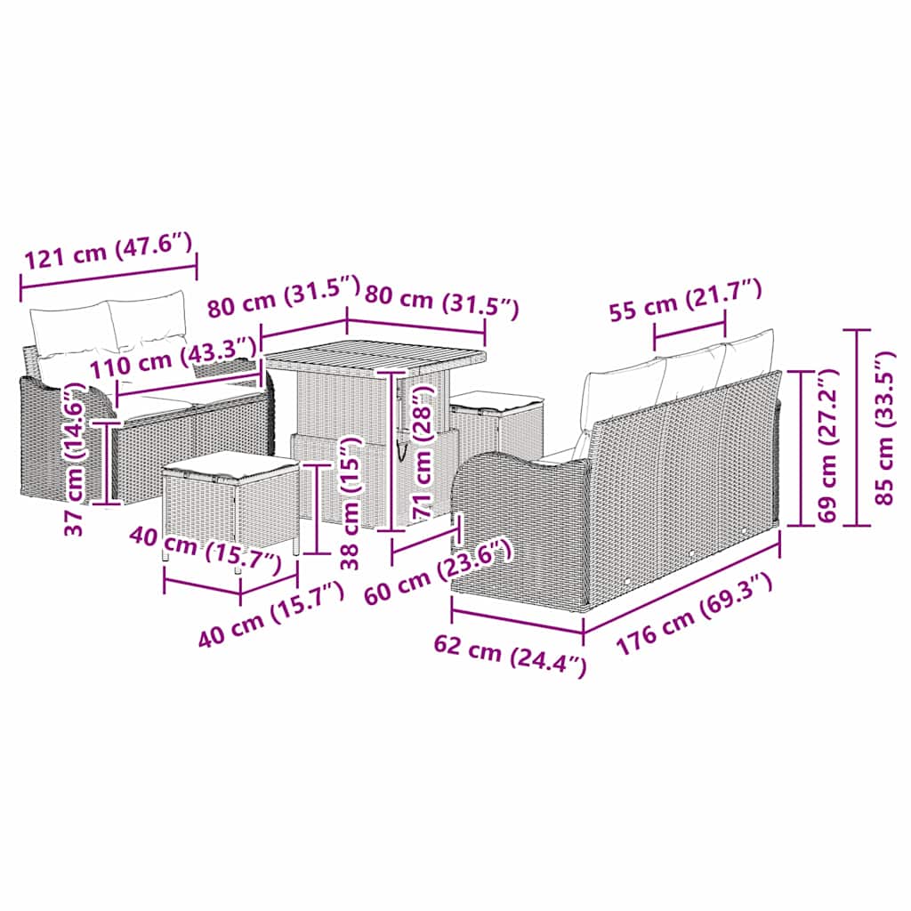 Sjedeća garnitura za vrt 8 kom. Bež poliratan 176 x 62 x 85 cm