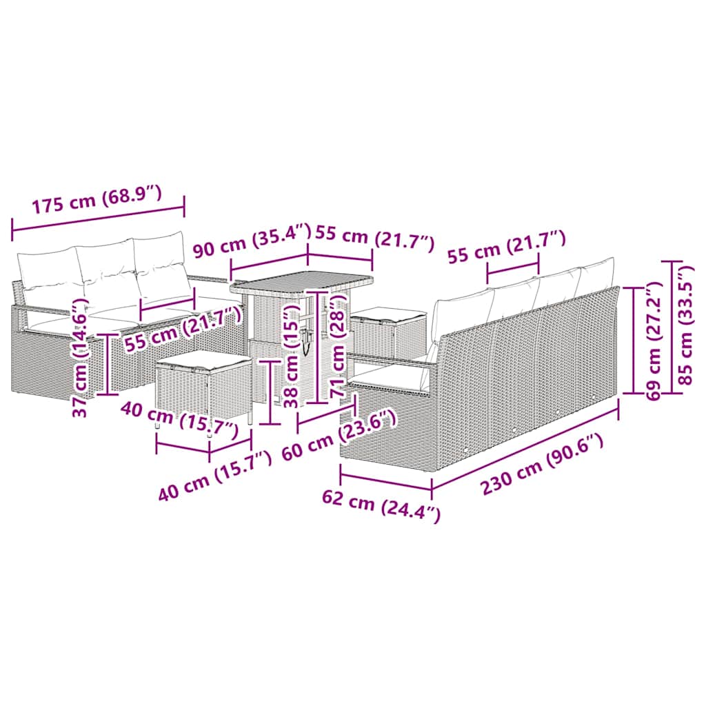 Sjedeća garnitura za vrt 10 kom. Bež poliratan 230 x 62 x 85 cm