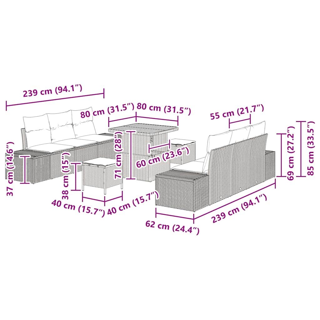 Sjedeća garnitura za vrt 9 kom. Bež poliratan 239 x 62 x 85 cm