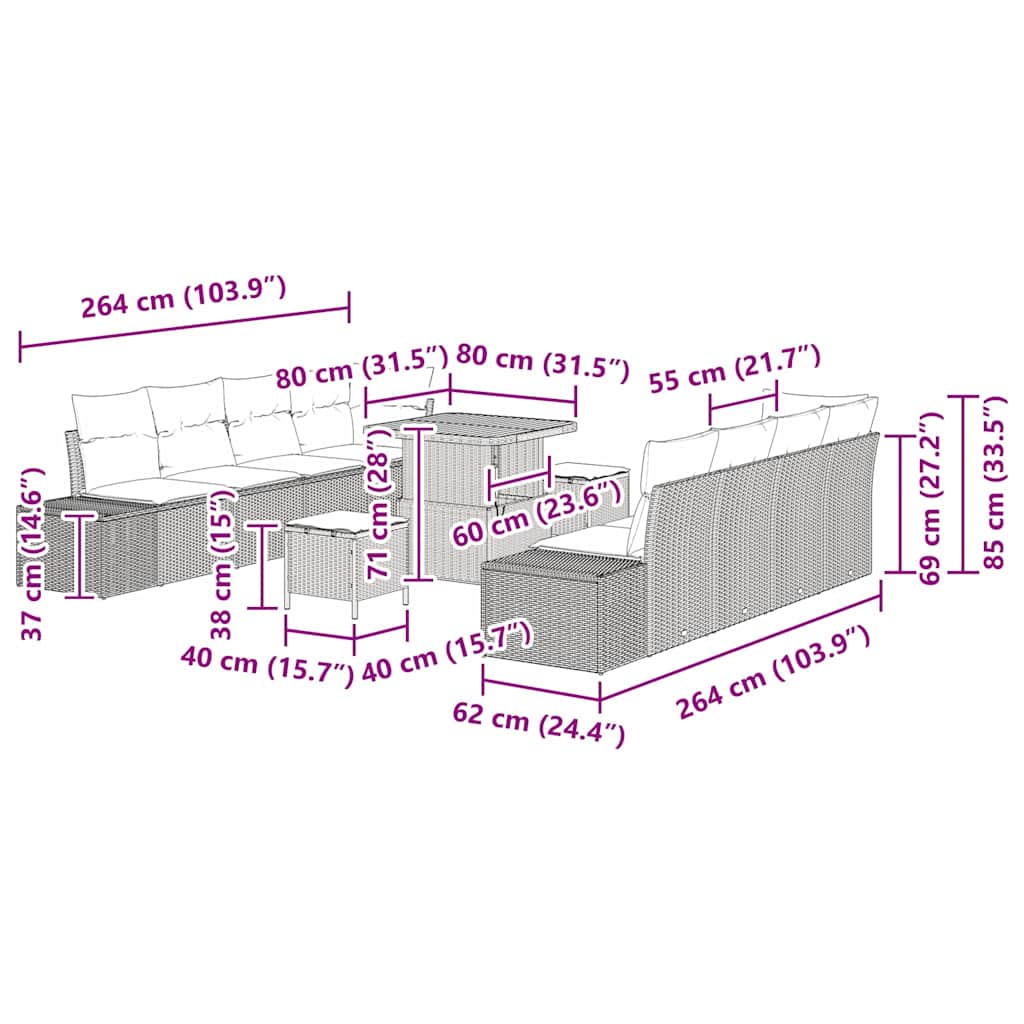 Sjedeća garnitura za vrt 11 kom. Crna poliratan 264 x 62 x 85 cm