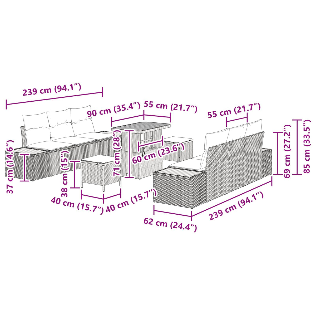 Sjedeća garnitura za vrt 9 kom. 8-Broj sjedala Bež 173 x 62 x 85 cm