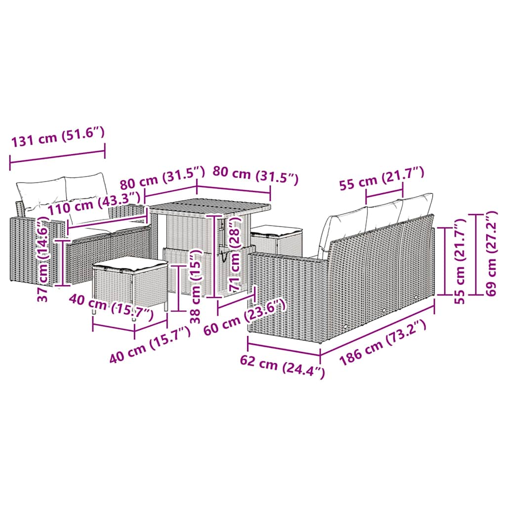 Sjedeća garnitura za vrt 8 kom. 5-Broj sjedala Crna i Krema 80 x 80 x 71 cm