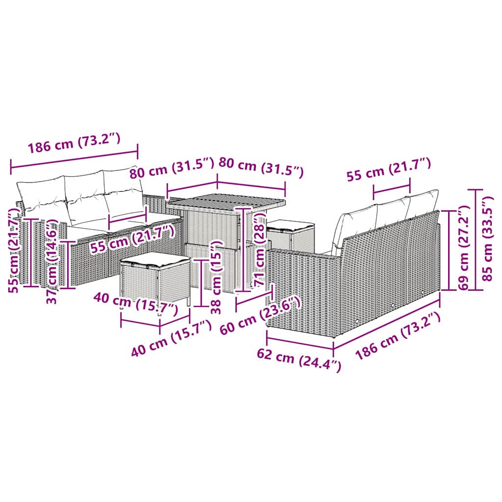 Sjedeća garnitura za vrt 9 kom. 6-Broj sjedala Crna i Krema 80 x 80 x 71 cm