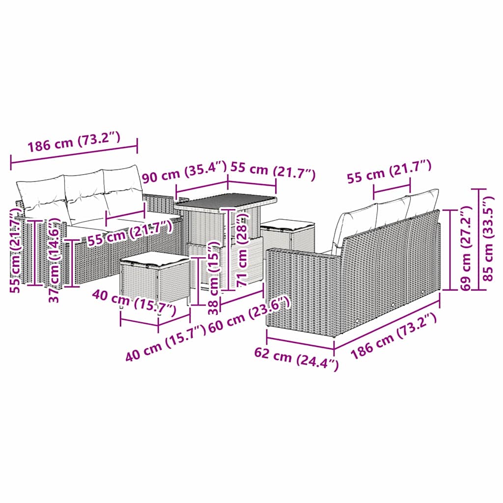 Sjedeća garnitura za vrt 9 kom. 6-Broj sjedala Crna i Krema 90 x 55 x 71 cm