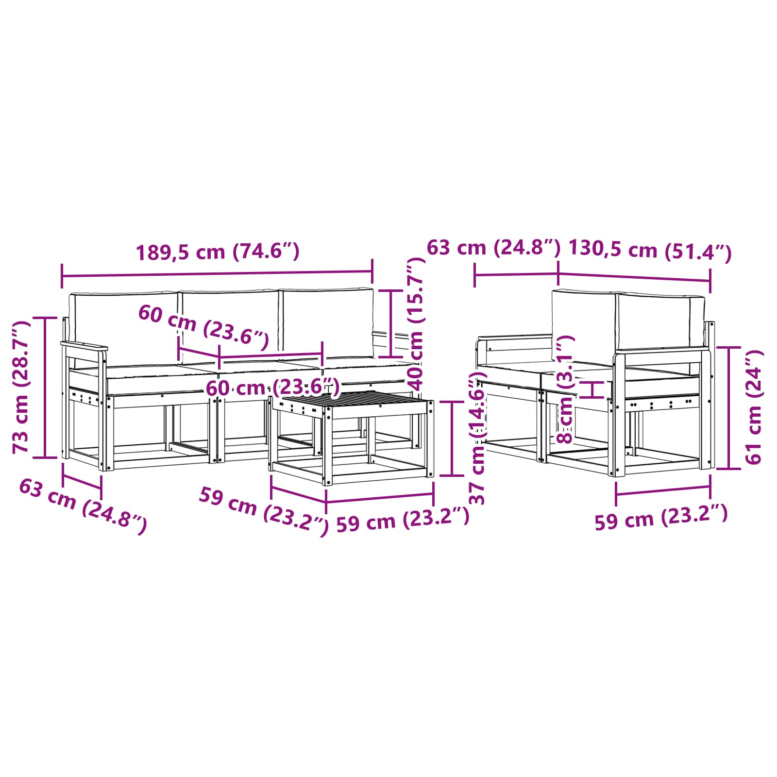 Set vanjskih sofa s jastukom 6 pcs Prirodna i bež