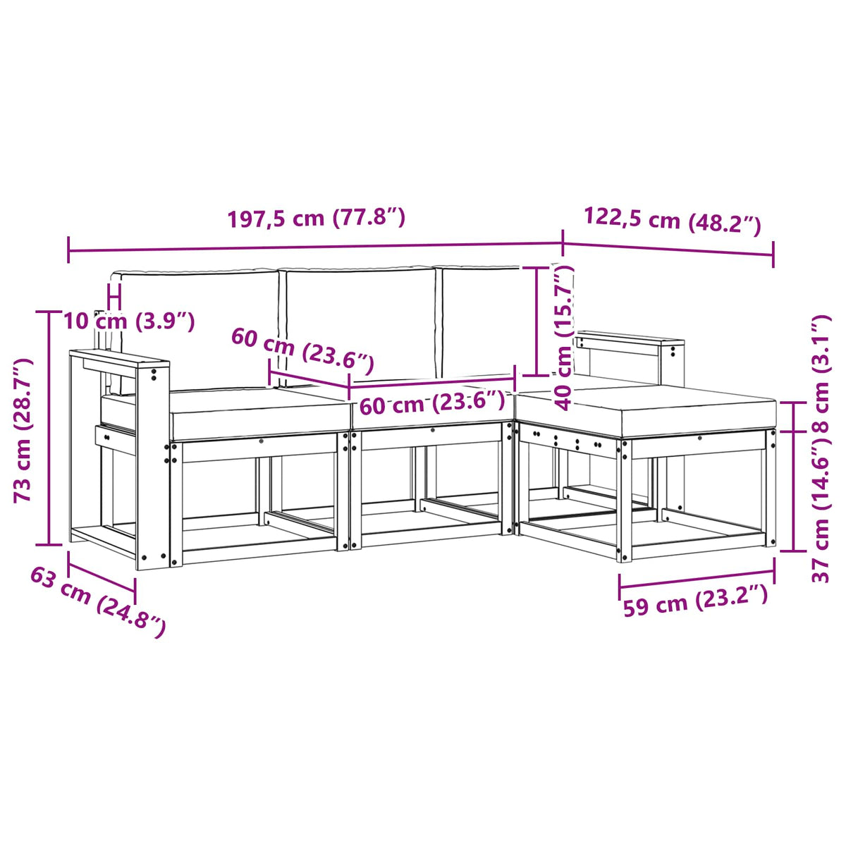 Set vanjskih sofa 4 kom. Prirodna i svijetlo siva Smeđa 197,5 x 63 x 73 cm